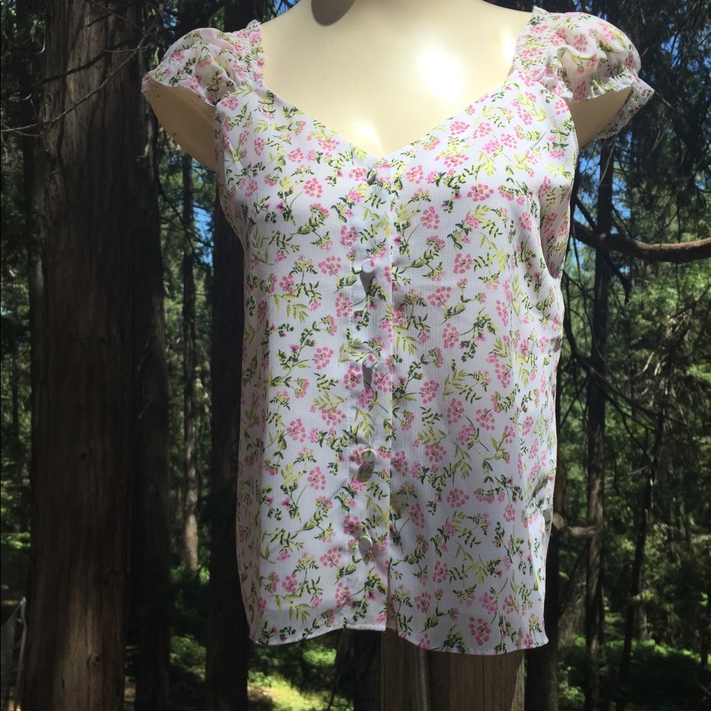 J. Crew pink floral on white chiffon corset peasant top rose puff sleeve - Picture 7 of 9
